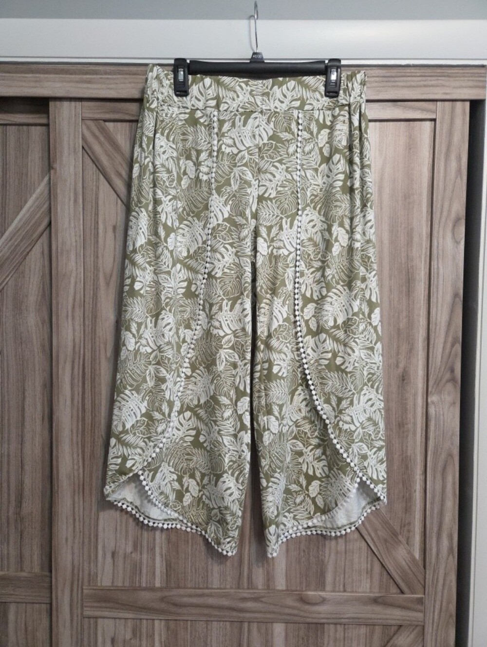 Women's Green/White Palazzo Cropped Boho Pants Elastic Waist